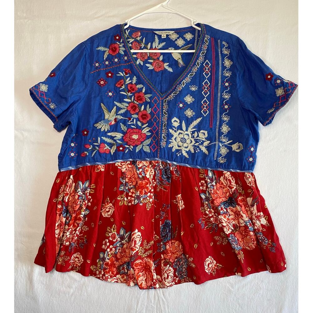 John Mark Women's L Embroidered Linen Red Blue Boho Top Hummingbird Motif Artsy